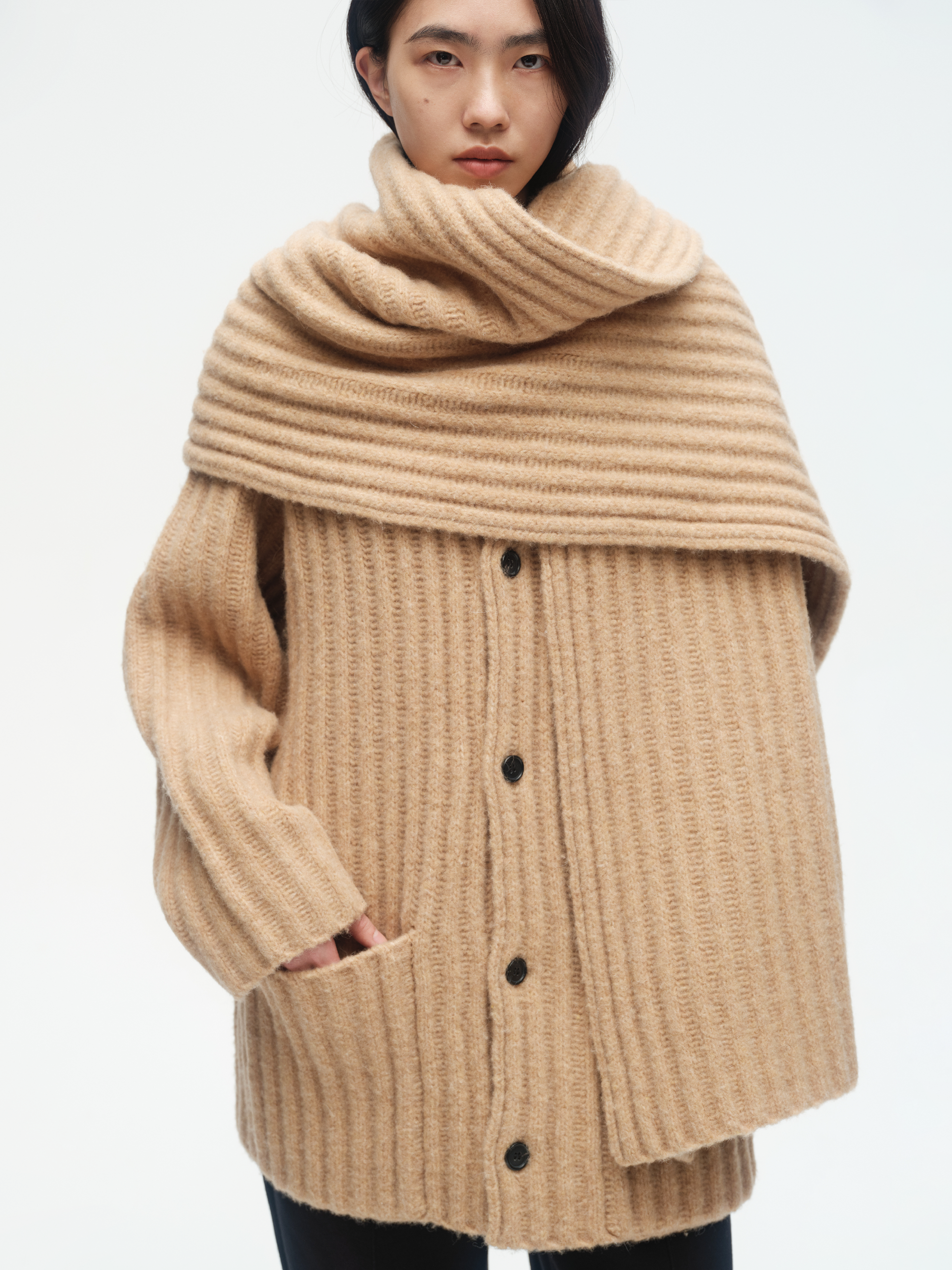 Sheep wool blend ribbed cardigan coat with scarf set – jajainthemoment