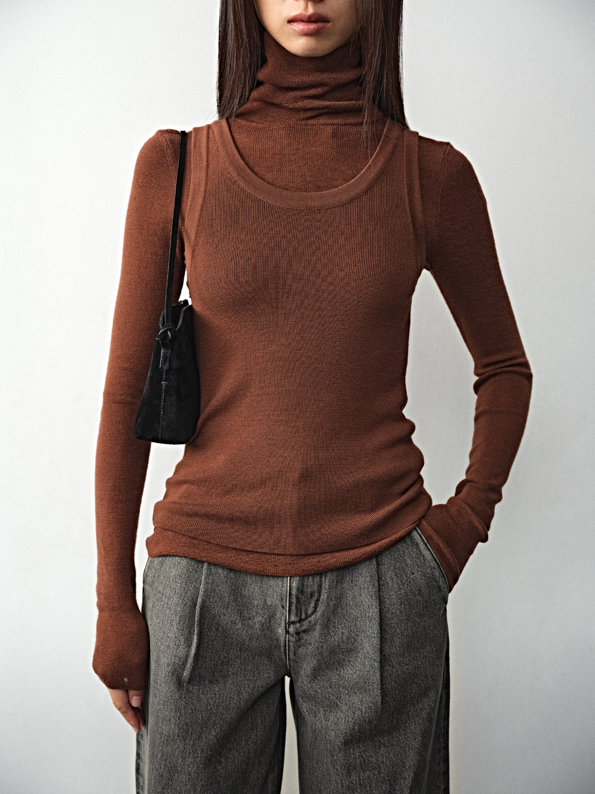 Autumn basic machine-washable 100S ultra Merino turtle-neck knit long-