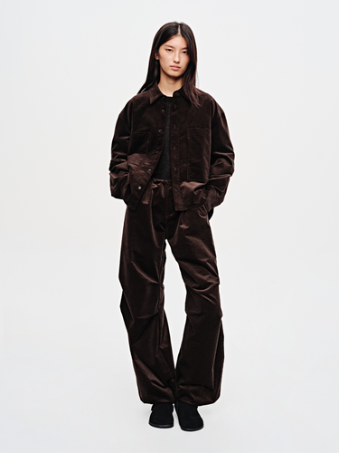 Corduroy pleated wide-leg pants with elastic waistband