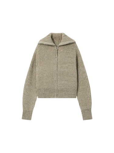 Chunky wool dot yarn blend high-neck zipper knitted cardigan coat